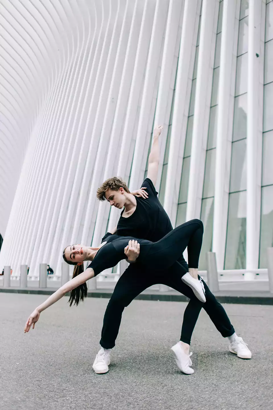 These two dancers showed style and grace, striking a pose in front of the stunning backdrop of downtown NYC's Oculus, at the World Trade Center.